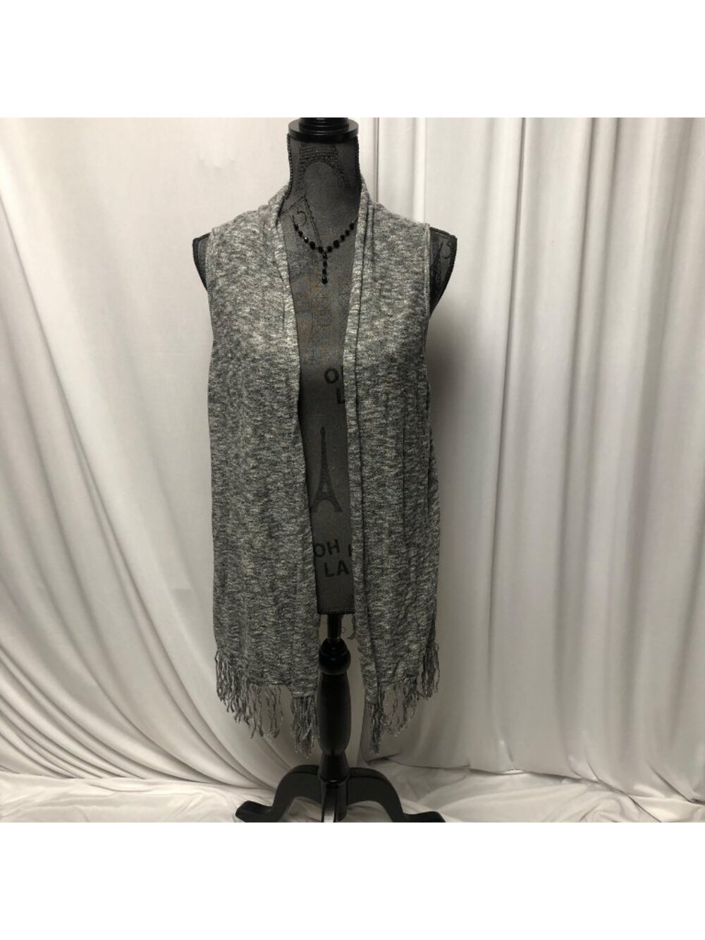 Chicos Easywear Cardigan Womens Size 3 XL 16 Black White Sleeveless Vest Fringe